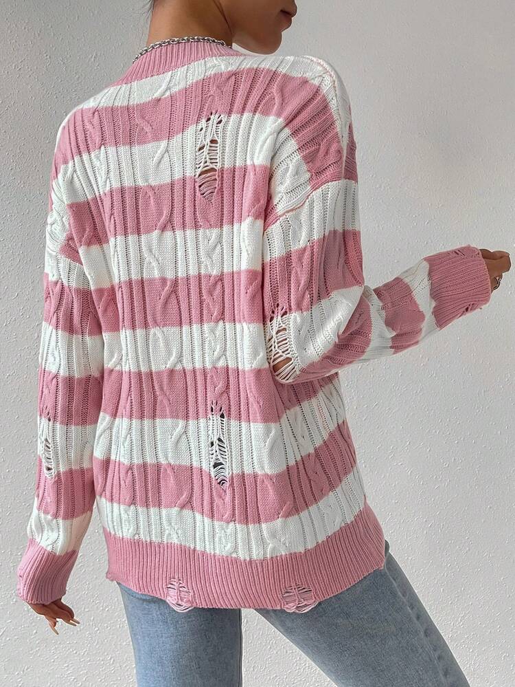 Striped Drop Shoulder Distressed Knit Pullover Fall Winter Sweater