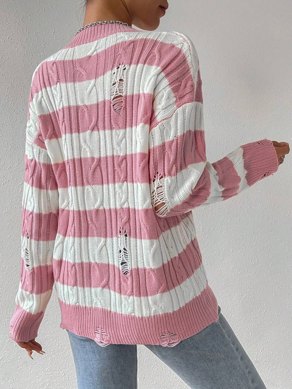 Striped Drop Shoulder Distressed Knit Pullover Fall Winter Sweater