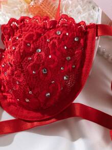 SHEIN Red Sexy Classic Cut Out Spaghetti Strap Micro Crop Lingerie Set Medium Stretch Fabric - Red - View 5