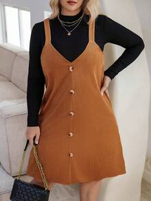 Calvaya Plus Size Button Detail Suspender Dress - Coffee Brown - View 4