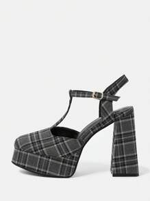 CUCCOO DOLLMOD T 型搭配格紋時尚高跟鞋 - 黑色 - 查看 1
