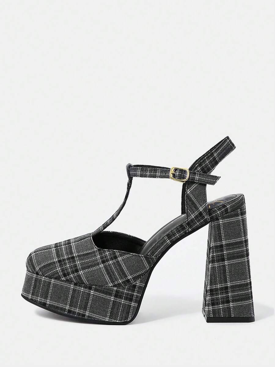 CUCCOO DOLLMOD T 型搭配格紋時尚高跟鞋 - 黑色 - 查看 1