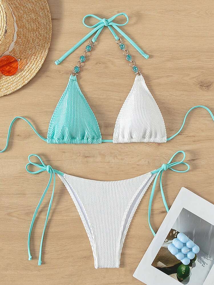 Two-Tone Knot Design Side-Tie Bikini Set Summer