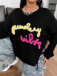 Flirla Pull ample en tricot avec imprimé lettres pour femmes grandes tailles, pull en tricot à épaules tombantes pour l'automne et l'hiver - Noir - Voir 6
