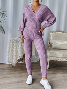 SHEIN Essnce 女士蝙蝠袖t恤與褲子的二件套裝 - 淡紫色 - 查看 4