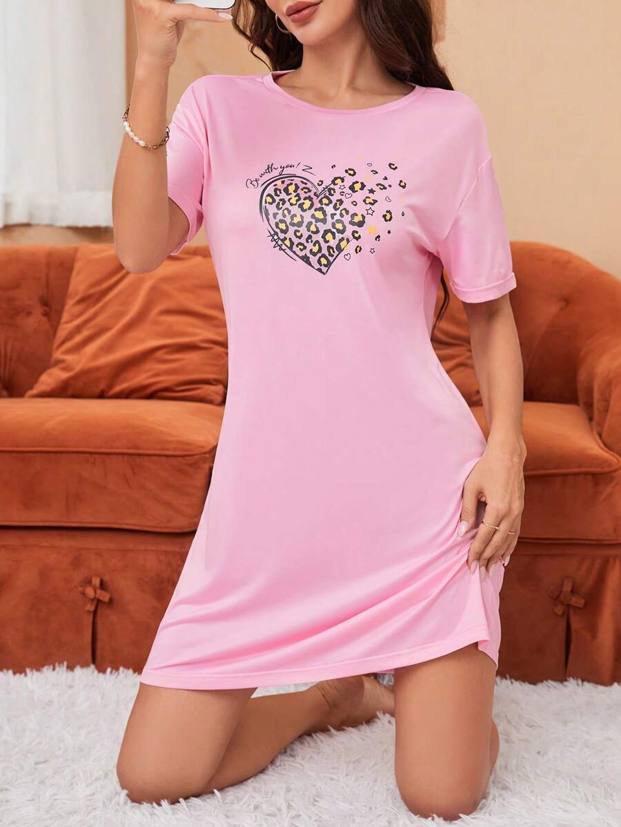 Women's Drop Shoulder Letter Heart Print Sleepwear Dress - Dusty Pink - View 1