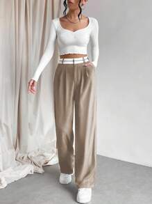 SHEIN Unity Của phụ nữ Khối màu Làm Việc  Quần tây - Màu Khaki - Xem 4