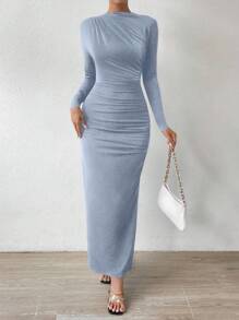 Zolique Quý cô Màu thuần Xếp li Cái nĩa cao Đầm - Màu xanh nhạt - Xem 4