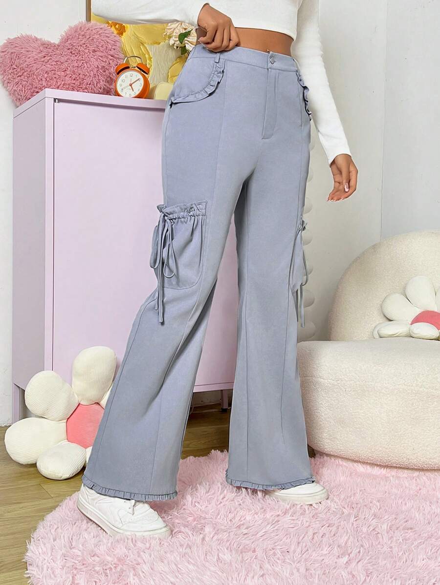 SHEIN EZwear 連帶口袋側邊荷葉邊裝飾喇叭褲 - 灰色 - 查看 1