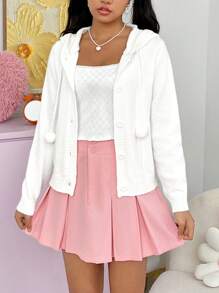 SHEIN EZwear 女士鈕扣前連帽開衫 - 米色 - 查看 1