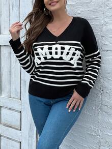 SHEIN LUNE 女式大尺碼v領天鵝絨字母條紋毛衣 - 黑與白 - 查看 3