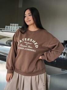 Dazy Plus Women's Letter Print Drop Shoulder Sweatshirt - Chocolate Brown - View 1