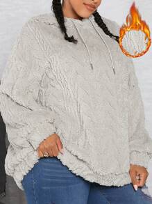 SHEIN CURVE+ 大尺碼女用抓絨運動衫,附抽繩兜帽 - 灰色 - 查看 1