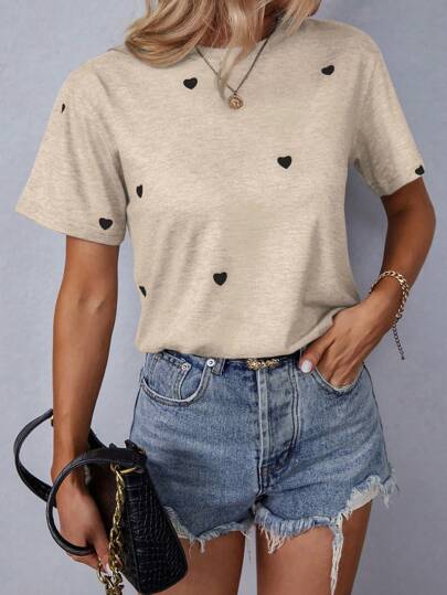 SHEIN LUNE Heart Print Round Neck Casual T-Shirt Graphic Tees Women Tops