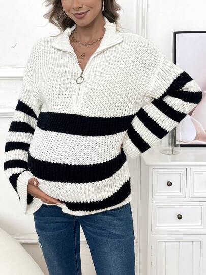 SHEIN Pregnant Women's Color-Block Half Zip Sweater For Maternity, For Winter