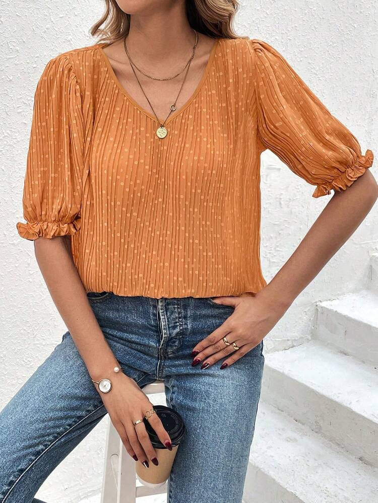 Women's Polka Dot V-neck Ruffle Shirt