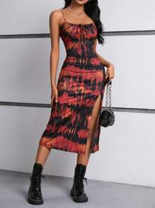 SHEIN EZwear Của phụ nữ Nhuộm buộc In High-Slit Dây đeo Mì Ý  Đầm - Đỏ - Xem 3