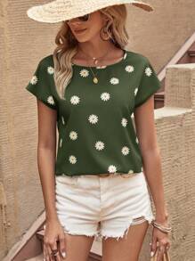 SHEIN LUNE Của phụ nữ In hoa Vòng cổ Ngắn tay Áo sơ mi - xanh quân đội - Xem 5