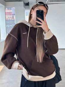 DAZY Áo nỉ ấm áp có mũ lót nhiệt họa tiết chữ thường ngày - Cà phê nâu - Xem 2