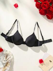 SHEIN Women's Spaghetti Strap Letter Decorated Half Cup Bra, Rave - Black - View 4
