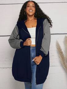 SHEIN CURVE+ Plus Size Two Tone Zip Up Sweatshirt - Navy Blue - View 1