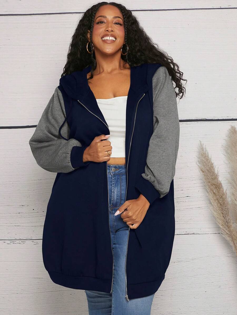 SHEIN CURVE+ Plus Size Two Tone Zip Up Sweatshirt - Navy Blue - View 1