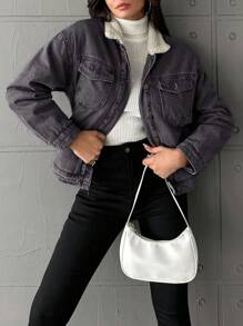 EURMUSE Women's Fleece Lined Denim Jacket With Fur Collar - Grey - View 5