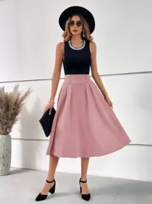 Gownix Falda Plisada Plegable Con Botones Sólidos Para Mujer - Rosa vieja - Ver 9