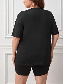 SHEIN EZwear Của phụ nữ Kích thước lớn In hoa Báo Lá thư In Áo thun Và Bộ quần short - màu đen - Xem 2
