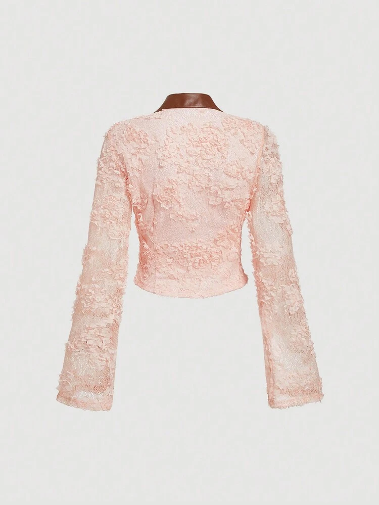 Women's Jacquard Front Tie Color Block Collared Blouse