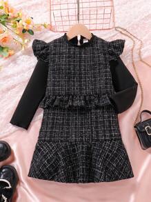 SHEIN Vestido Recortado Con Volantes Y Bloques De Color Para Niñas Pequeñas Con Detalle De Nudo De Lazo, Adecuado Para Fiestas De Festivales De Otoño - Negro - Ver 1