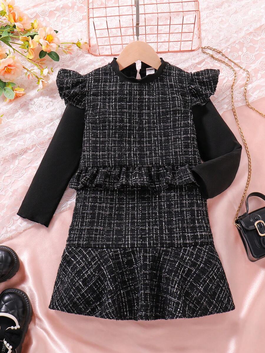 SHEIN Vestido Recortado Con Volantes Y Bloques De Color Para Niñas Pequeñas Con Detalle De Nudo De Lazo, Adecuado Para Fiestas De Festivales De Otoño - Negro - Ver 1