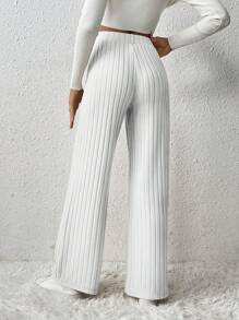 SHEIN Frenchy Women's Solid Color Ribbed Knit Long Pants Winter White