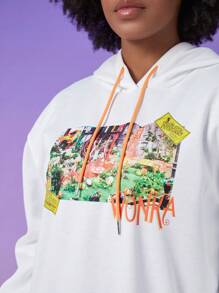 Willy Wonka and the Chocolate Factory X SHEIN Plus號字母&花園圖形束口帽白色連帽衛衣 - 白色 - 查看 7