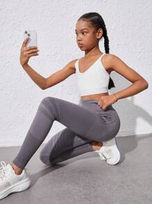 SHEIN Tween女孩灰色無縫瑜伽褲,高彈性、親膚、吸濕排汗,適用於跑步和騎車 - 深灰色 - 查看 3