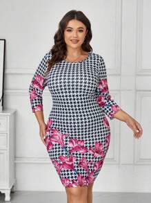 SHEIN Clasi 大尺碼女款花卉與千鳥格紋洋裝 - 彩色 - 查看 5