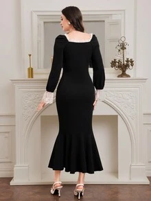 Modelyn 女士方领刺绣网眼撞色美人鱼连衣裙 - 黑色 - 查看 2