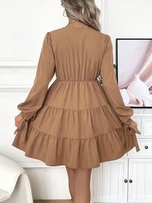 SHEIN Maternity Solid Color Ruffle Dress - Rust Brown - View 3