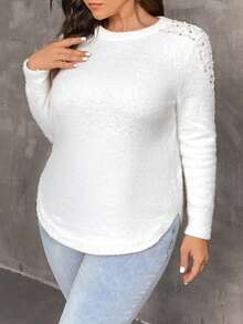 SHEIN Franclia 大尺寸純色珍珠鑲嵌毛衣 - 白色 - 查看 5