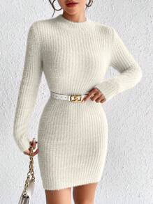 SHEIN Frenchy 白色半高領毛衣裙(無腰帶) - 白色 - 查看 1