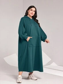 Mulvari 大尺碼女士純色袋鼠口袋連帽運動裙,帶束繩 - 水鴨藍 - 查看 6