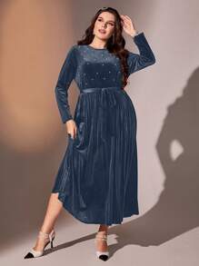Modelyn Kích thước lớn Của phụ nữ Nhung Xếp li Đầm Với Trụ - Màu xanh lam - Xem 3