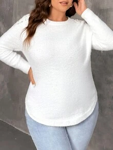SHEIN Franclia 大尺寸純色珍珠鑲嵌毛衣 - 白色 - 查看 6