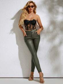 90年代復古綠色高腰彈性扣帶pu皮革修身細褲,舒適錐形休閒褲 - 軍綠色 - 查看 6