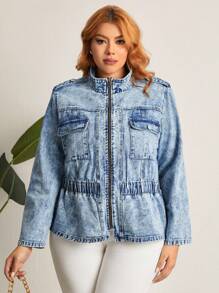 SHEIN LUNE Của phụ nữ Kích thước lớn Áo khoác denim Với Flap túi - Rửa tối - Xem 3