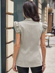 SHEIN Clasi Women's Ruffle Trim Sllev Single Button Blazer Jacket With Pocket - Grey - View 2