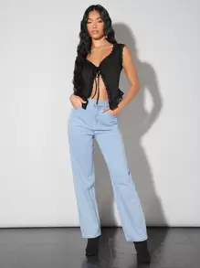 SHEIN BAE 黑色蕾丝边蝴蝶结吊带背心，性感派对和休闲装，夏季复古风格 - 黑色 - 查看 5