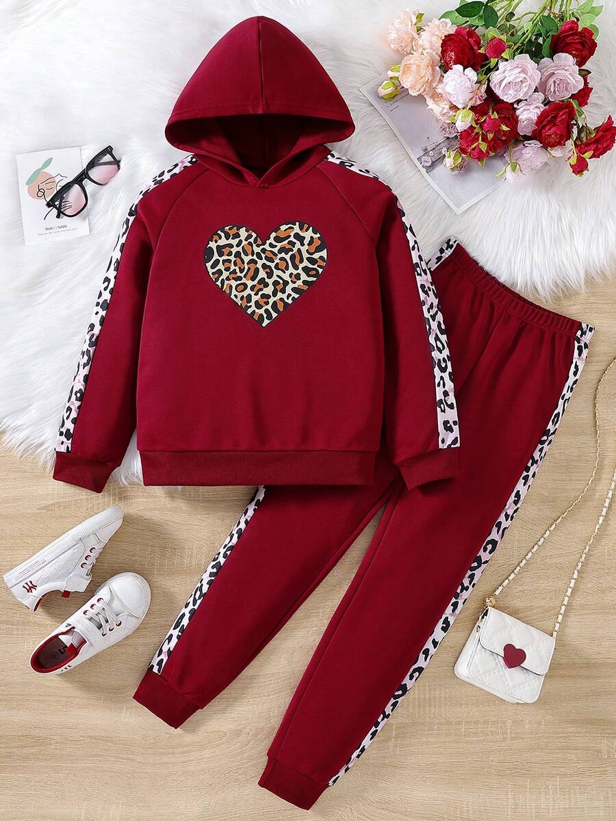 SHEIN Conjunto de 2 piezas con estampado de leopardo para niñas preadolescentes - Rojo - Ver 1