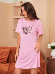 Women's Drop Shoulder Letter Heart Print Sleepwear Dress - Dusty Pink - View 5