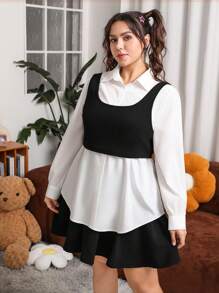 SHEIN EZwear Blusa de manga larga para mujeres de talla grande con paneles de contraste con bloques de color - Blanco y Negro - Ver 4